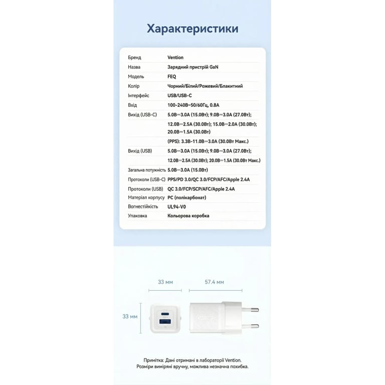 Зарядний пристрій Vention 1xUSB-C PD30W + 1xUSB QC3.0 30W GaN white (FEQW0-EU) - фото 10