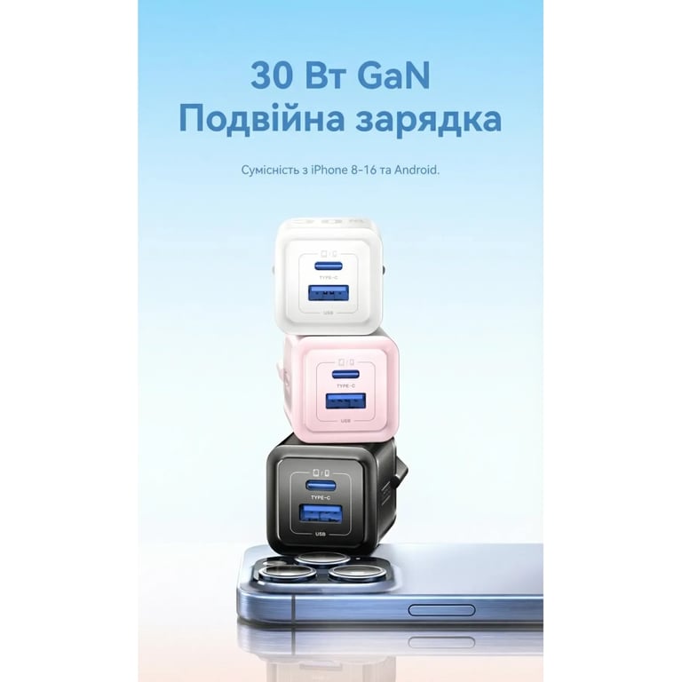Зарядний пристрій Vention 1xUSB-C PD30W + 1xUSB QC3.0 30W GaN white (FEQW0-EU) - фото 2