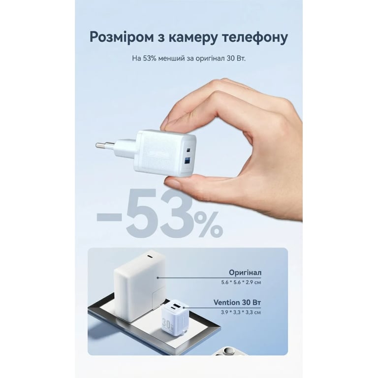 Зарядний пристрій Vention 1xUSB-C PD30W + 1xUSB QC3.0 30W GaN white (FEQW0-EU) - фото 5
