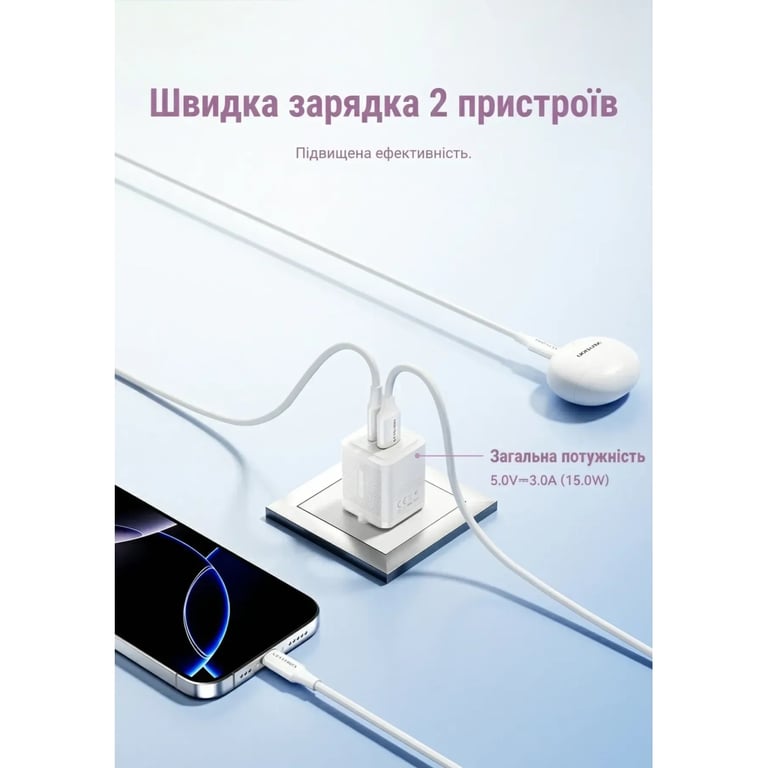 Зарядний пристрій Vention 1xUSB-C PD30W + 1xUSB QC3.0 30W GaN white (FEQW0-EU) - фото 7