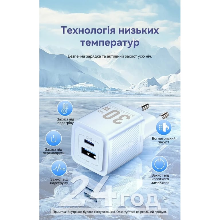 Зарядний пристрій Vention 1xUSB-C PD30W + 1xUSB QC3.0 30W GaN white (FEQW0-EU) - фото 8