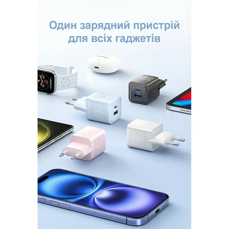 Зарядний пристрій Vention 1xUSB-C PD30W + 1xUSB QC3.0 30W GaN white (FEQW0-EU) - фото 9
