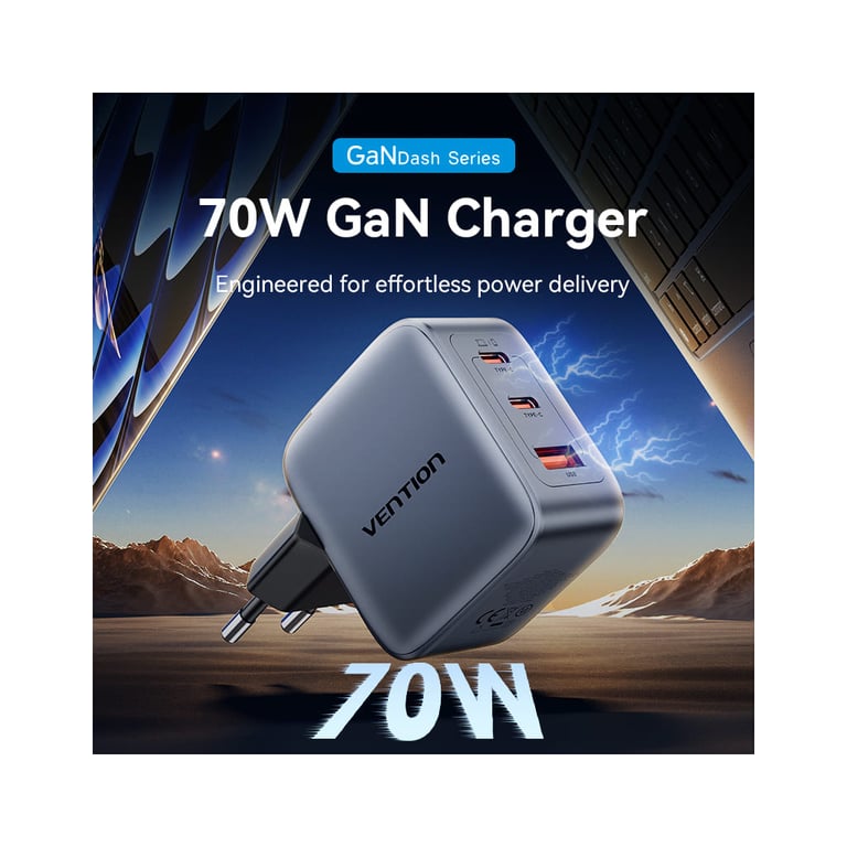 Зарядний пристрій Vention 2xUSB-C PD70W + 1xUSB QC3.0 22.5W GaN gray (FEXH0-EU) - фото 2