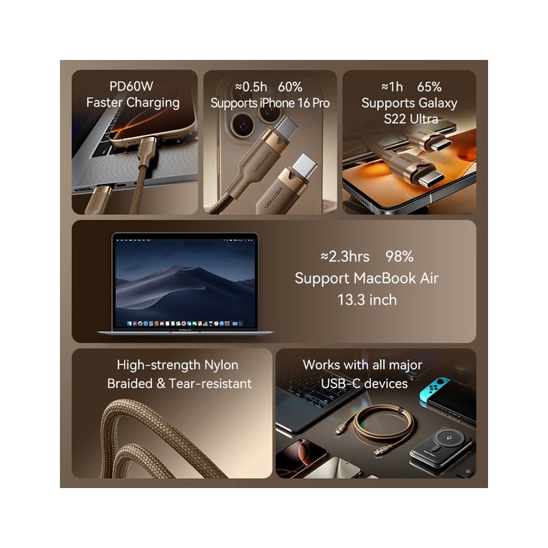 Дата кабель USB-C to USB-C 1.0m 3A aluminum gold Vention (TRDJF) - фото 3