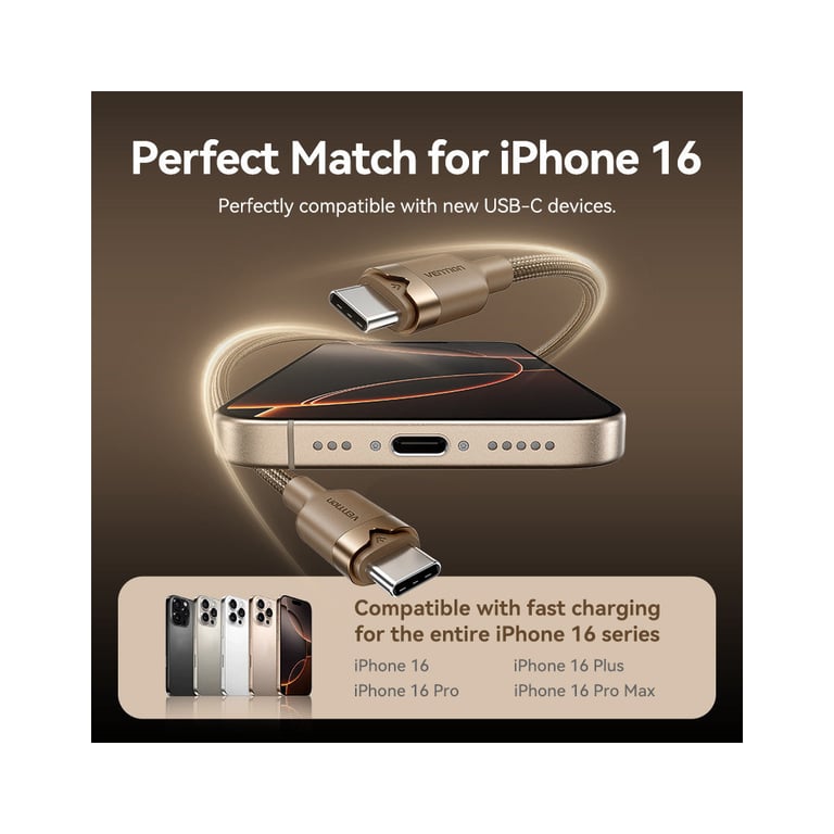 Дата кабель USB-C to USB-C 1.0m 3A aluminum gold Vention (TRDJF) - фото 4