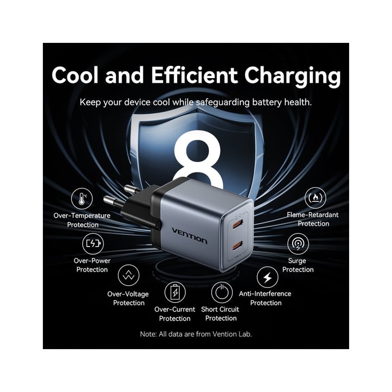 Зарядний пристрій Vention 2xUSB-C PD45W GaN + cable USB-C to USB-C 1.0m black gray (TZ-FCDH0-EU) - фото 8