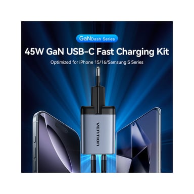 Зарядний пристрій Vention 2xUSB-C PD45W GaN + cable USB-C to USB-C 1.0m 5A gray (TZ-FCFH0-EU) - фото 1