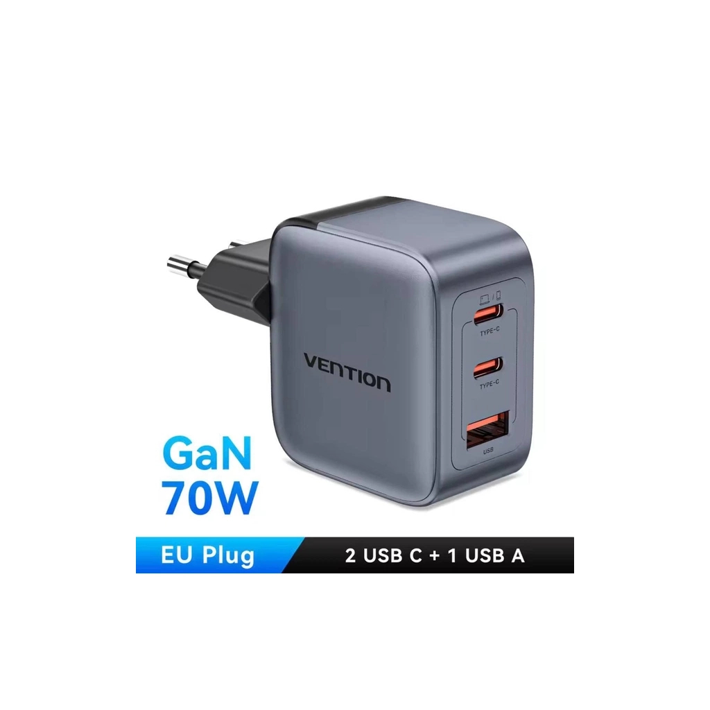 Зарядний пристрій Vention 1xUSB-C PD70W + 1xUSB QC3.0 22.5W GaN + cable USB-C to USB-C 1.0m 5A gray (TZ-FCGH0-EU) - фото 1