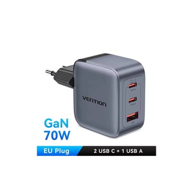Зарядний пристрій Vention 1xUSB-C PD70W + 1xUSB QC3.0 22.5W GaN + cable USB-C to USB-C 1.0m 5A gray (TZ-FCGH0-EU) - фото 1