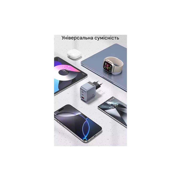Зарядний пристрій Vention 1xUSB-C PD70W + 1xUSB QC3.0 22.5W GaN + cable USB-C to USB-C 1.0m 5A gray (TZ-FCGH0-EU) - фото 2
