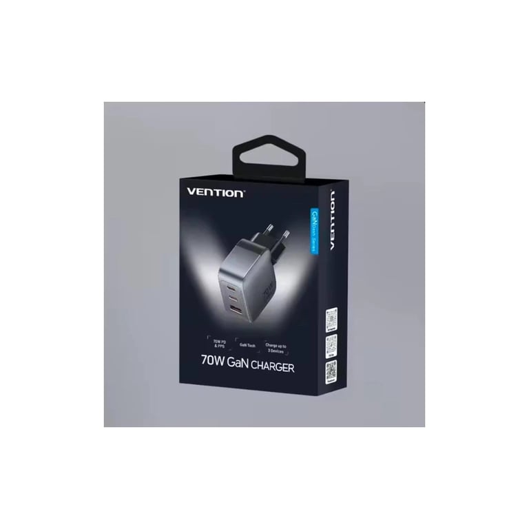 Зарядний пристрій Vention 1xUSB-C PD70W + 1xUSB QC3.0 22.5W GaN + cable USB-C to USB-C 1.0m 5A gray (TZ-FCGH0-EU) - фото 9