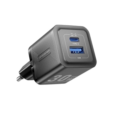 Зарядний пристрій Vention 1xUSB-C PD30W + 1xUSB QC3.0 30W GaN + cable USB-C to USB-C 1.0m black (TZ-FEQB0-EU-01) - фото 1