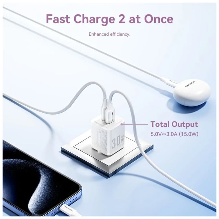 Зарядний пристрій Vention 1xUSB-C PD30W + 1xUSB QC3.0 30W GaN + cable USB-C to USB-C 1.0m black (TZ-FEQB0-EU-01) - фото 5