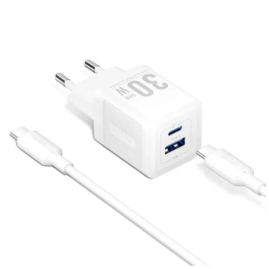Зарядний пристрій Vention 1xUSB-C PD30W + 1xUSB QC3.0 30W GaN + cable USB-C to USB-C 1.0m white (TZ-FEQW0-EU-01) - фото 1