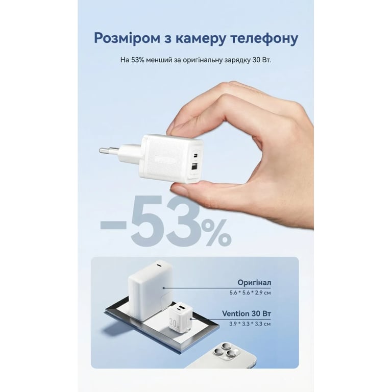 Зарядний пристрій Vention 1xUSB-C PD30W + 1xUSB QC3.0 30W GaN + cable USB-C to USB-C 1.0m white (TZ-FEQW0-EU-01) - фото 5