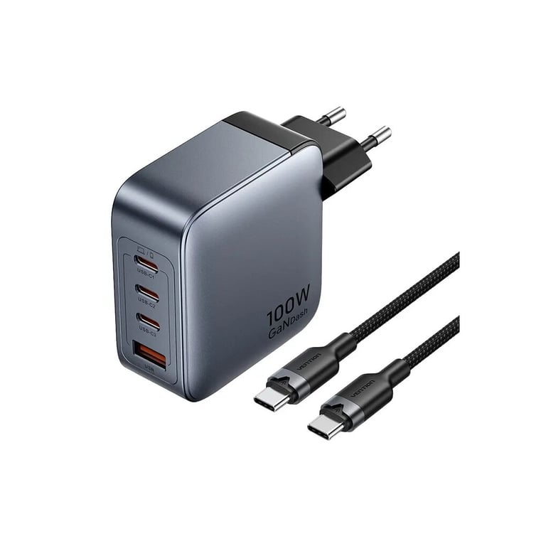 Зарядний пристрій Vention 3xUSB-C PD100W + 1xUSB QC3.0 30W GaN + cable USB-C to USB-C 1.0m gray (TZ-FETH0-EU) - фото 1