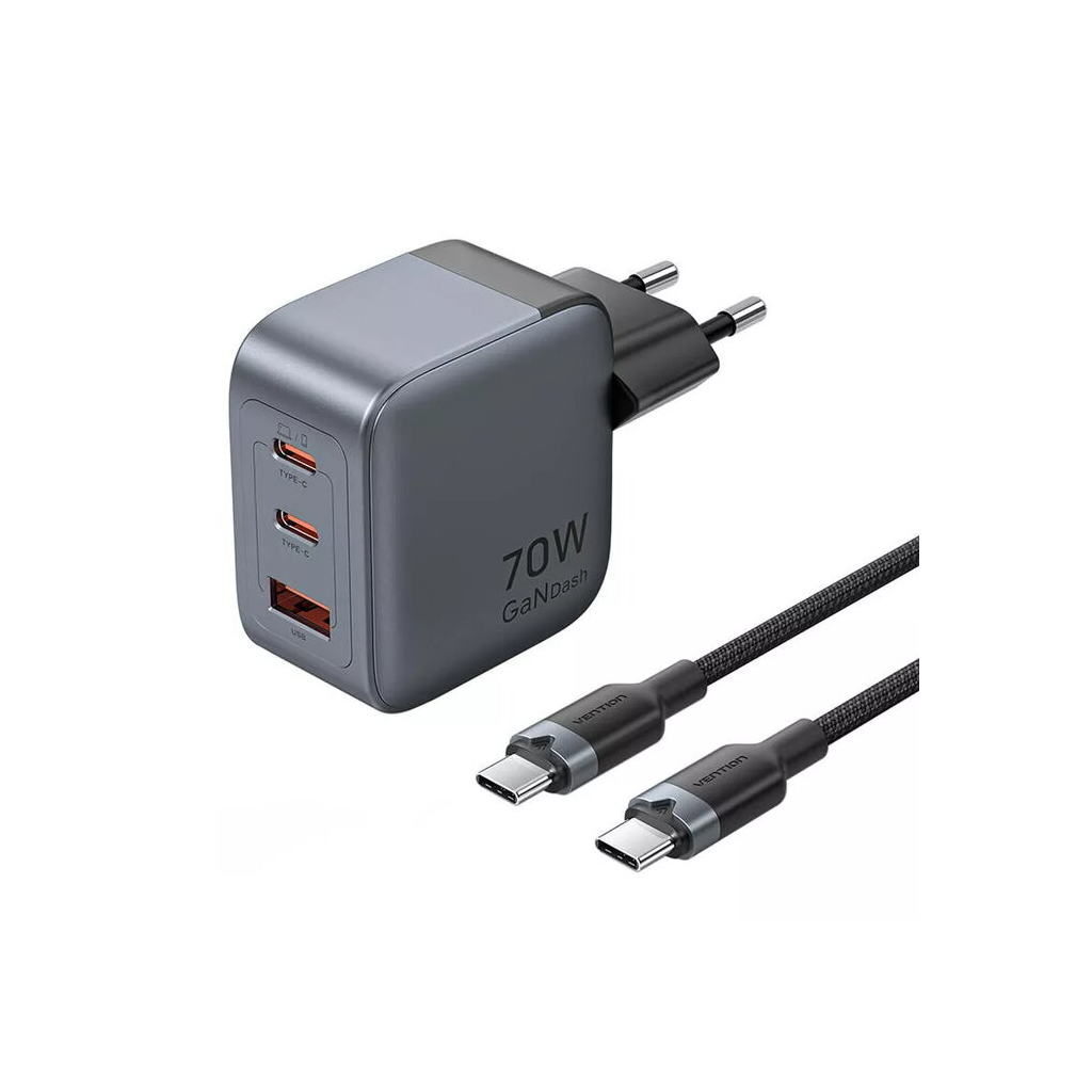 Зарядний пристрій Vention 2xUSB-C PD70W + 1xUSB QC3.0 22.5W GaN + cable USB-C to USB-C 1.0m black gray (TZ-FEXH0-EU) - фото 1