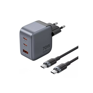 Зарядний пристрій Vention 2xUSB-C PD70W + 1xUSB QC3.0 22.5W GaN + cable USB-C to USB-C 1.0m black gray (TZ-FEXH0-EU) - фото 1