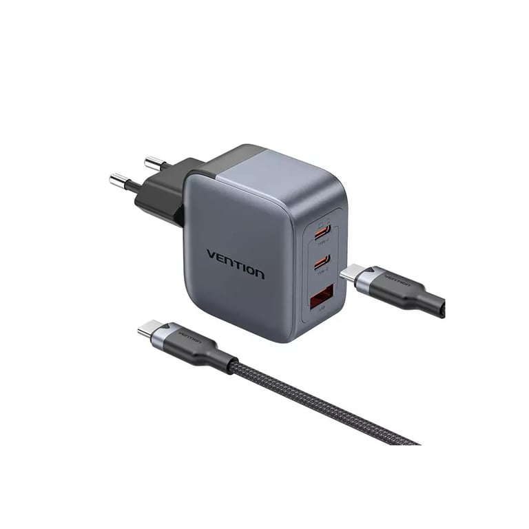 Зарядний пристрій Vention 2xUSB-C PD70W + 1xUSB QC3.0 22.5W GaN + cable USB-C to USB-C 1.0m black gray (TZ-FEXH0-EU) - фото 2