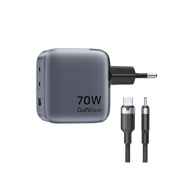 Зарядний пристрій Vention 2xUSB-C PD70W + 1xUSB QC3.0 22.5W GaN + cable USB-C to USB-C 1.0m black gray (TZ-FEXH0-EU) - фото 3
