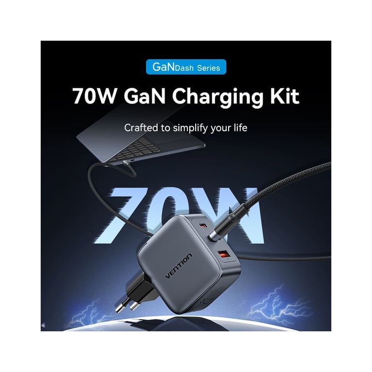 Зарядний пристрій Vention 2xUSB-C PD70W + 1xUSB QC3.0 22.5W GaN + cable USB-C to USB-C 1.0m black gray (TZ-FEXH0-EU) - фото 4