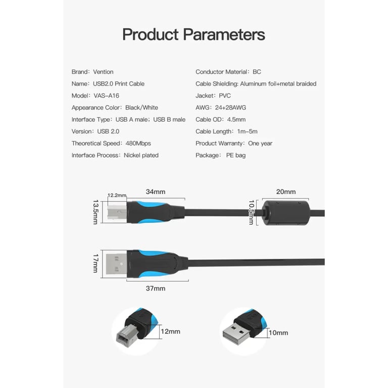 Кабель для принтера USB 2.0 AM/BM 1.0m black Vention (VAS-A16-B100) - фото 8