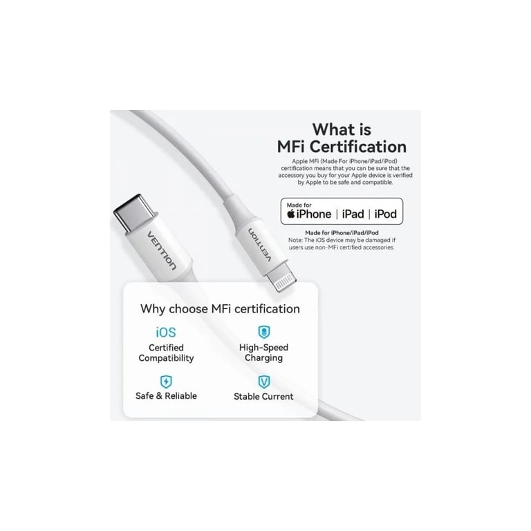 Дата кабель USB-C to Lightning 1.0m 3A white Vention (LAKWF) - фото 3