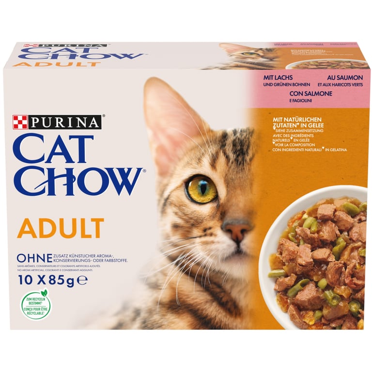 Вологий корм для кішок Purina Cat Chow Adult з лососем і зеленою квасолею 85 гх10 шт (7613036596039) - фото 1