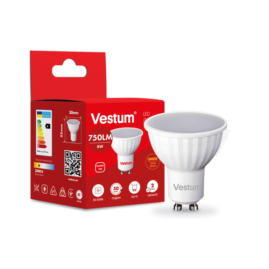 Лампочка Vestum MR16 8W 3000K 220V GU10 (1-VS-1507) - фото 1