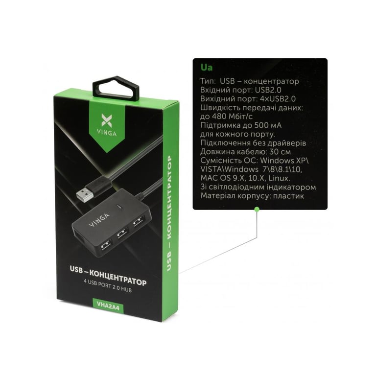 Концентратор Vinga USB2.0 to 4*USB2.0 HUB (VHA2A4N) - фото 4