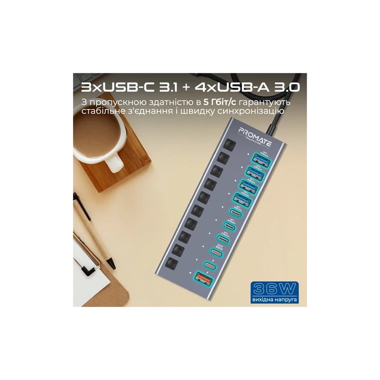 Концентратор Promate USB-C 10-in-1 5xUSB-C + 5xUSB gray (gegahub-5g) - фото 2