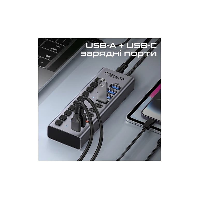 Концентратор Promate USB-C 10-in-1 5xUSB-C + 5xUSB gray (gegahub-5g) - фото 3