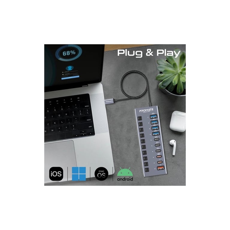Концентратор Promate USB-C 10-in-1 5xUSB-C + 5xUSB gray (gegahub-5g) - фото 5