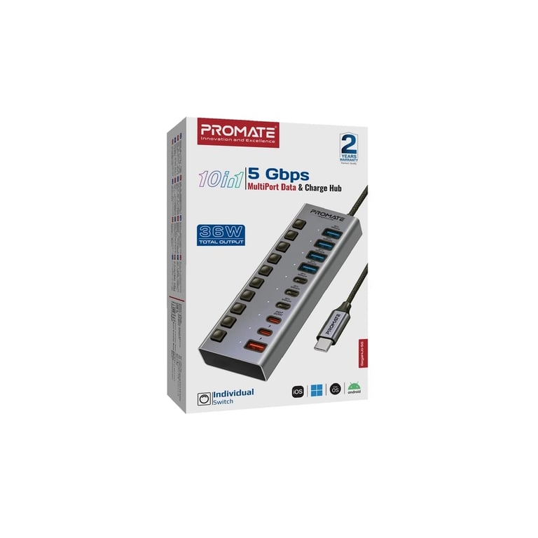 Концентратор Promate USB-C 10-in-1 5xUSB-C + 5xUSB gray (gegahub-5g) - фото 6