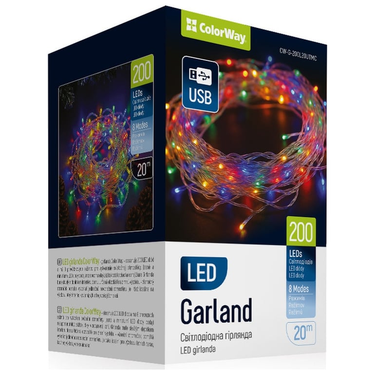 Гірлянда ColorWay LED 200 20 м (8 режимів) різнокольорова (прозорий кабель) USB (CW-G-200L20UTMC) - фото 1