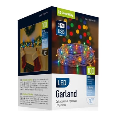 Гірлянда ColorWay LED 100 10м (8 функцій) різнокольорова (прозорий кабель) USB (CW-G-100L10UTMC) - фото 1