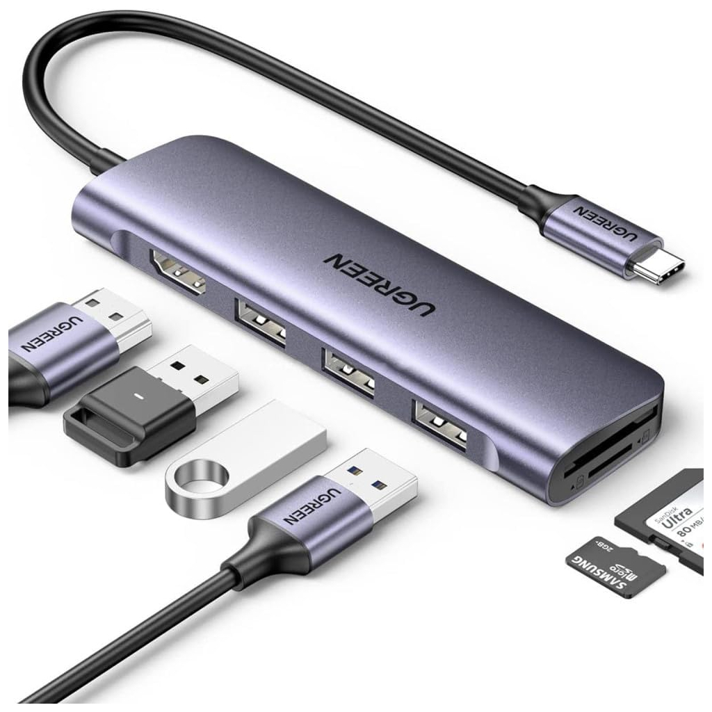 Концентратор Ugreen USB-C 6-in-1 3xUSB 3.0 + HDMI 4K@30Hz + SD/TF silver (20956A) - фото 1