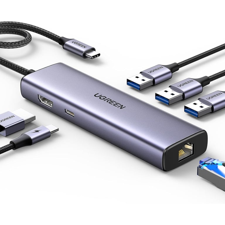 Концентратор Ugreen USB-C 6-in-1 3xUSB 3.0 + HDMI 4K@30Hz + RJ45 1000Mbps + PD silver (15598) - фото 1