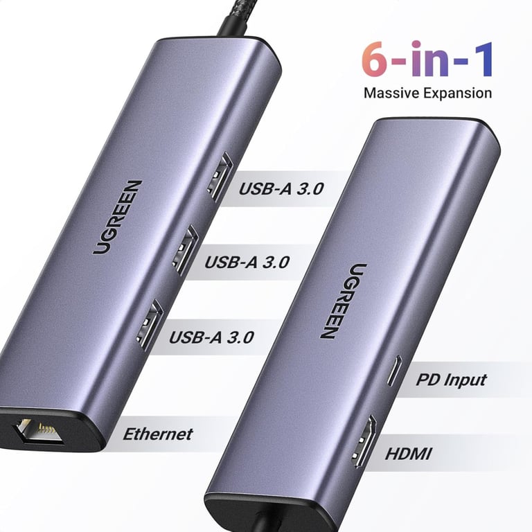 Концентратор Ugreen USB-C 6-in-1 3xUSB 3.0 + HDMI 4K@30Hz + RJ45 1000Mbps + PD silver (15598) - фото 3