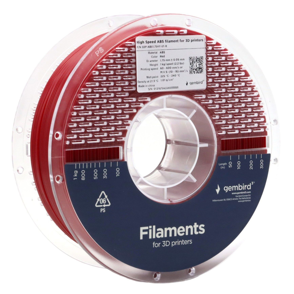 Пластик для 3D-принтера Gembird ABS High Speed, 1.75 мм, 1kg, red (3DP-ABS1.75HY-01-R) - фото 1