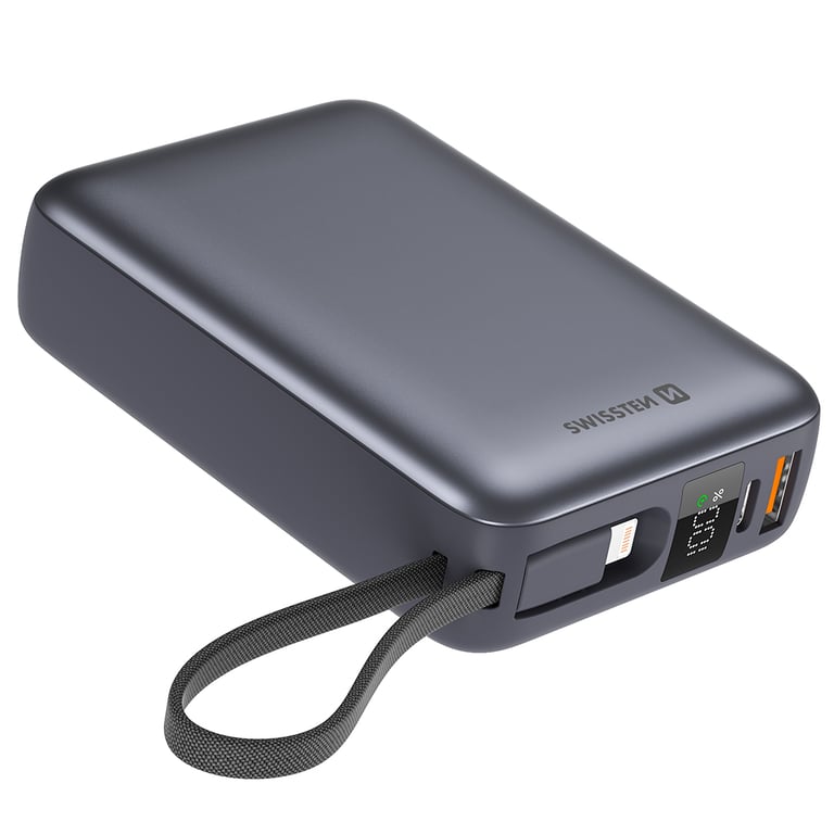 Батарея універсальна SWISSTEN 20000mAh SPACE 22/5W PD QC w/built-in cables USB-C/LIGHTNING Silver (8595217490598) - фото 1
