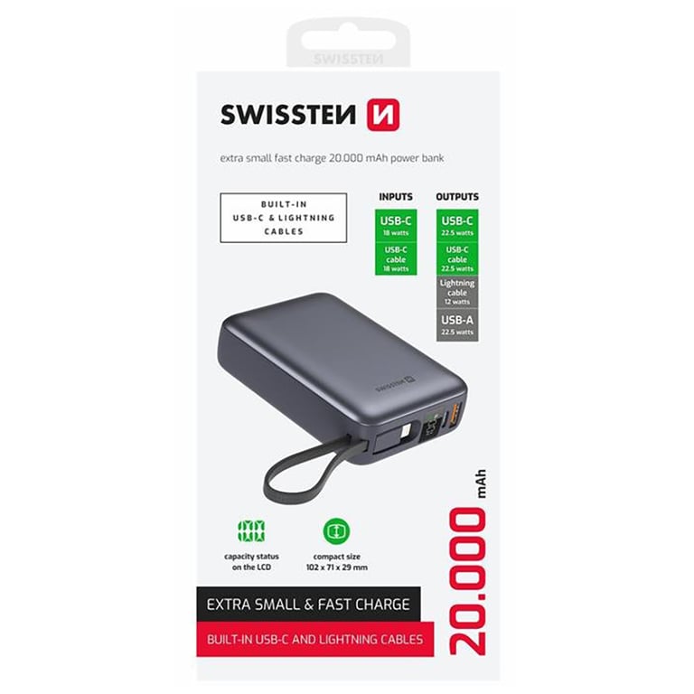 Батарея універсальна SWISSTEN 20000mAh SPACE 22/5W PD QC w/built-in cables USB-C/LIGHTNING Silver (8595217490598) - фото 2