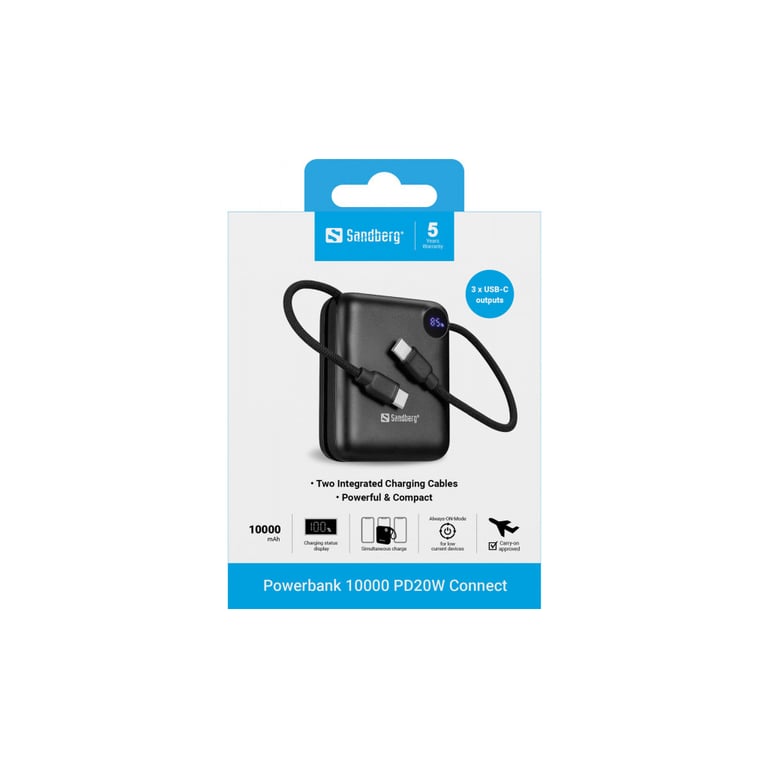 Батарея універсальна Sandberg 10000mAh PD/3.1/20W, QC/3.0, USB-C In/Out, with 2 cables USB-C (421-26) - фото 5