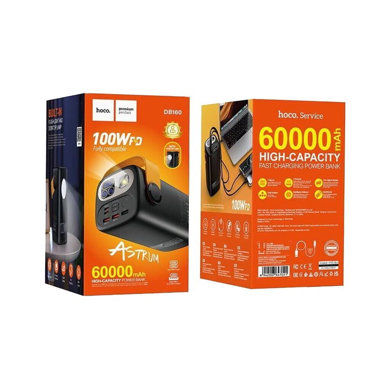 Батарея універсальна HOCO 60000mAh Astrum PD/100W, QC/3.0, LED lamp, Black (DB160 / 714724) - фото 5
