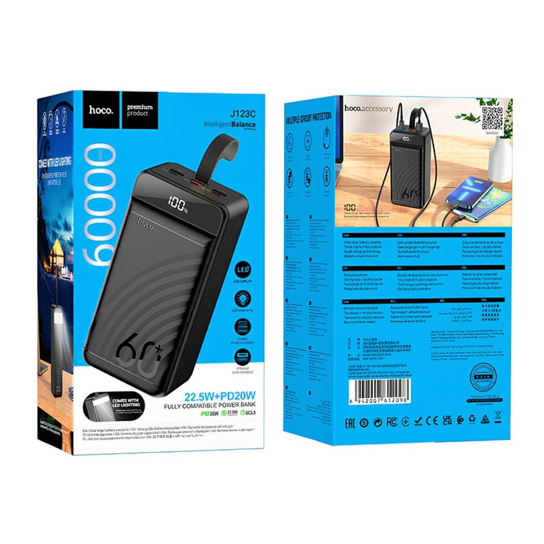 Батарея універсальна HOCO 60000mAh Element PD/20W, QC/22.5W, LED Lamp, Black (J123C / 714736) - фото 5