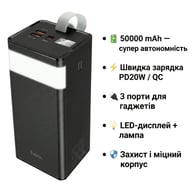Батарея універсальна HOCO 50000mAh Powermaster PD/20W, QC/22.5W, Lamp, Black (J86A / 714738) - фото 4
