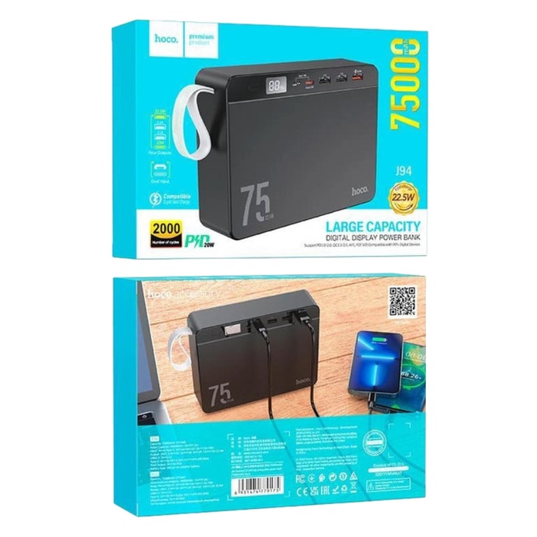 Батарея універсальна HOCO 75000 mAh Overlord PD/20W, QC/3.0/22.5W, Black (J94 / 714739) - фото 5