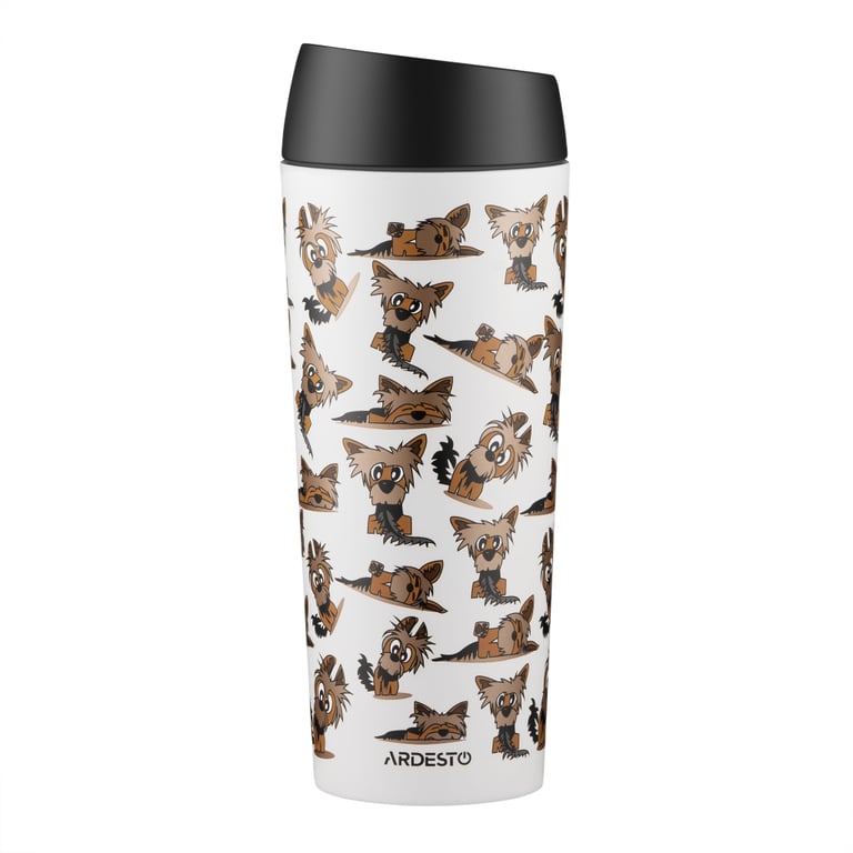 Термокружка ARDESTO Coffee Time Animals Yorkie 450мл, нержавіюча сталь, сіро-бежевий (AR2645YT) - фото 1