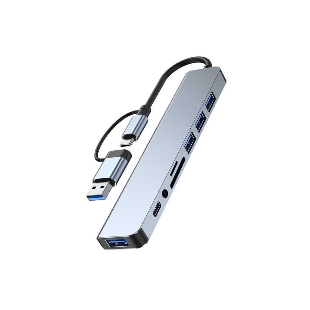Концентратор Dynamode USB-C/A 8-in-1 1xUSB-C + 1xUSB 3.0 + 3xUSB 2.0 + 3.5mm audio + SD/TF silver (BYL-2218TU) - фото 1
