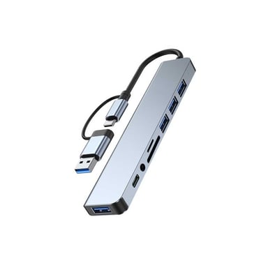 Концентратор Dynamode USB-C/A 8-in-1 1xUSB-C + 1xUSB 3.0 + 3xUSB 2.0 + 3.5mm audio + SD/TF silver (BYL-2218TU) - фото 1